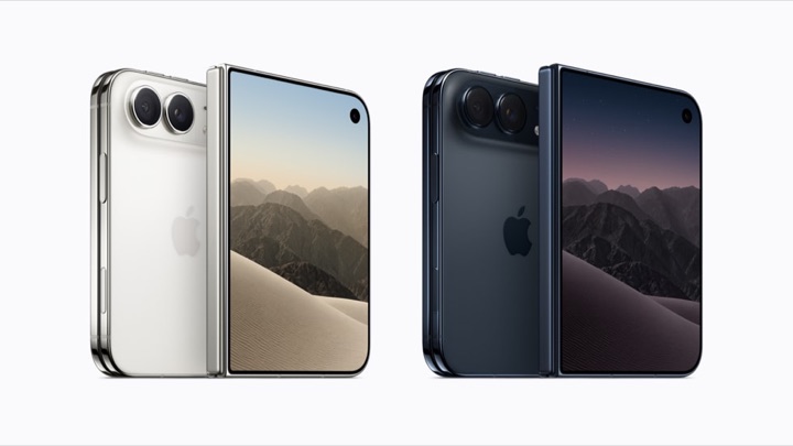 Two iPhone Duo units partly open, seen from the rear, one in Star White and one in Night Sky